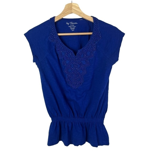 Chico's Blue Beaded Smocked Peplum Cotton Short Sleeve 00 - Picture 1 of 5